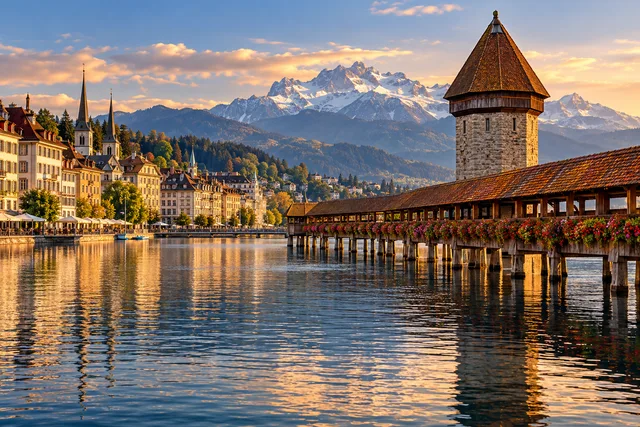 Šveitsi Luzerni järve ja vanalinna illustratsioon